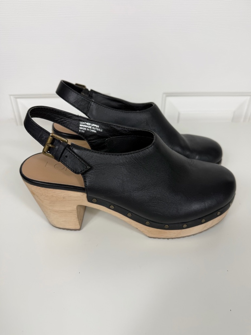 Ann Taylor LOFT Leather Black Slingback Wooden Heel Clogs Women’s Size 8.5